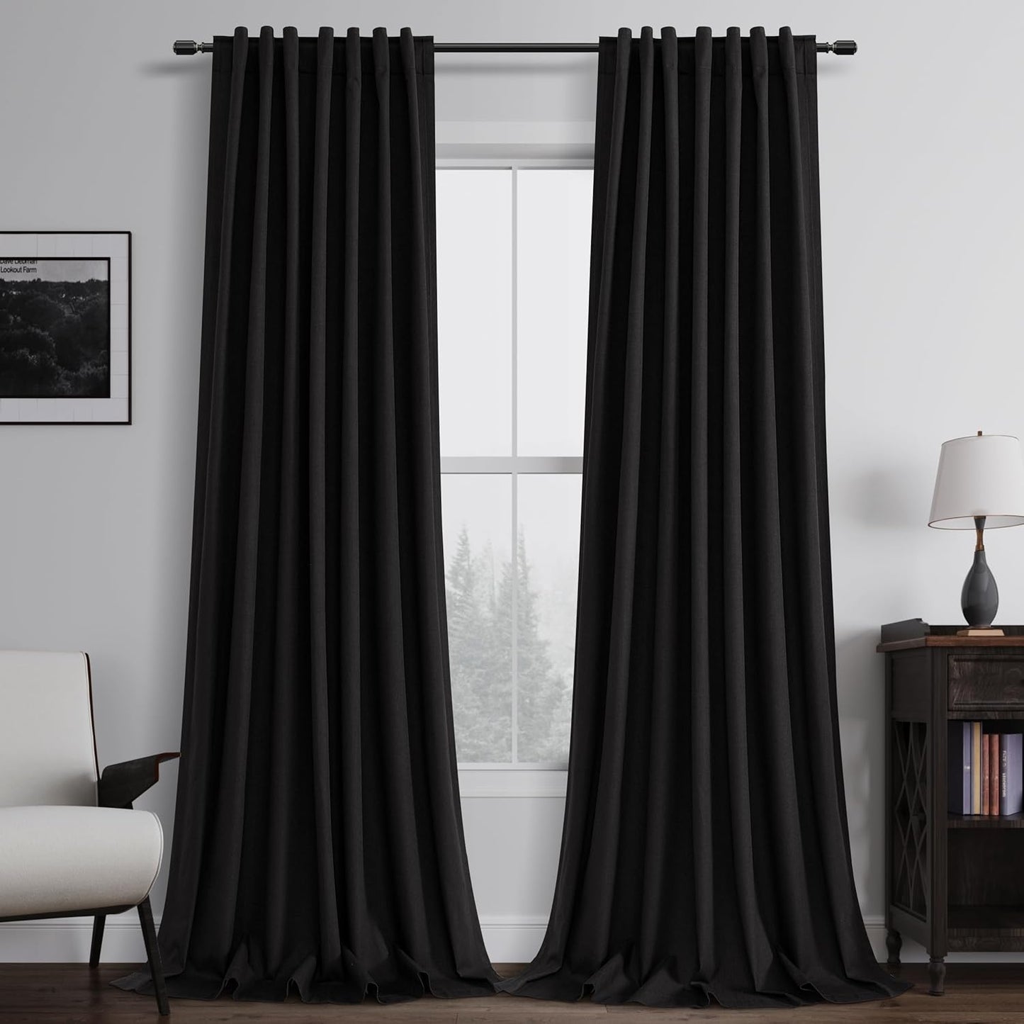 BOODII 100% Blackout Curtains 84 Inch Length 2 Panels Set Black Linen Textured Curtains Thermal Insulated Room Darkening for Bedroom Living Room Drape Sound Proof Curtain for Window Back Tab, 52x84