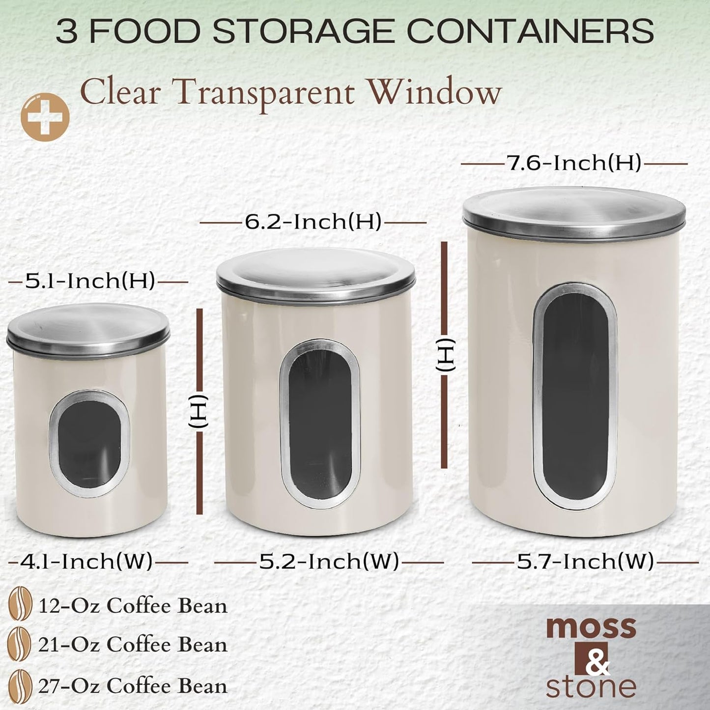 Moss & Stone 3-Piece Beige Canisters Sets For The Kitchen, Airtight Canister Set With See Through Window, Storage Jars for Coffee Container, Tea Organizer & Sugar Canister, Beige Kitchen Canisters