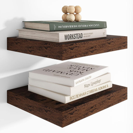 Heimlove 12 Inch Deep Floating Shelves, 12 x 12 inches Long Wall Shelf, Large Extra Display Shelf & Storage Shelf, Rustic Wood Wall Shelves for Fireplace Mantel, Brown - 2Pack