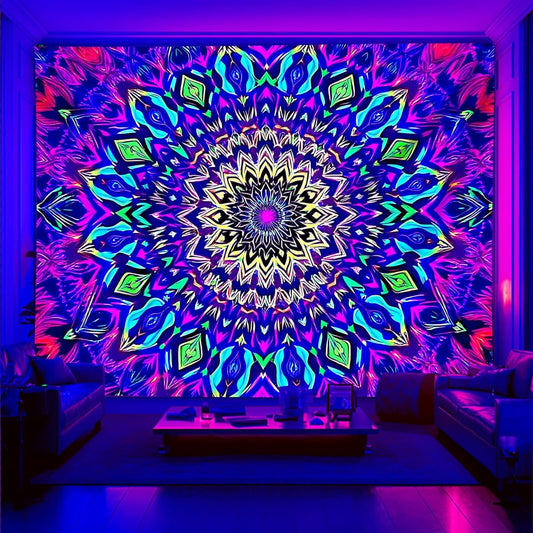 Blacklight Mandala Tapestry for Bedroom, Black Light Posters for Adults and Teens, Colorful UV Reactive Aesthetic Bohemian Wall Art Decor (40 x 30 Inches)