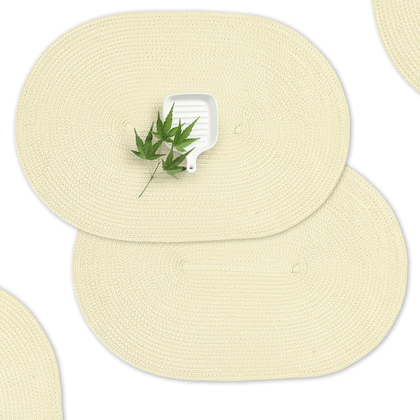 AHHFSMEI Placemats Set of 4 for Dining Table Washable Woven Vinyl Non-Slip 18x12 inches Placemat Heat-Resistant Durable Table Mats for Dining Table Easy to Clean(Ivory 4)