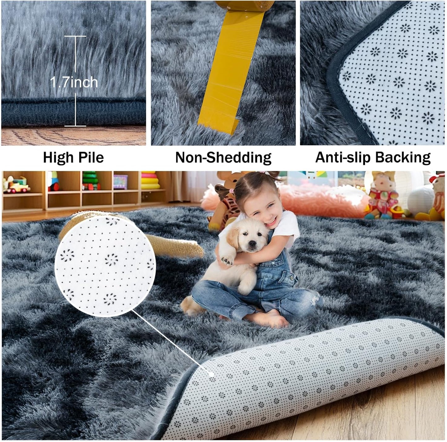 Rezutan Extra Large Fluffy Area Rug for Bedroom Living Room, 9x12 Feet Blue Gray Modern Indoor Carpets Room Colorful Rugs, Plush Indoor Nursery Classroom Home Decor Bedside Rug with Non-Slip Bottom