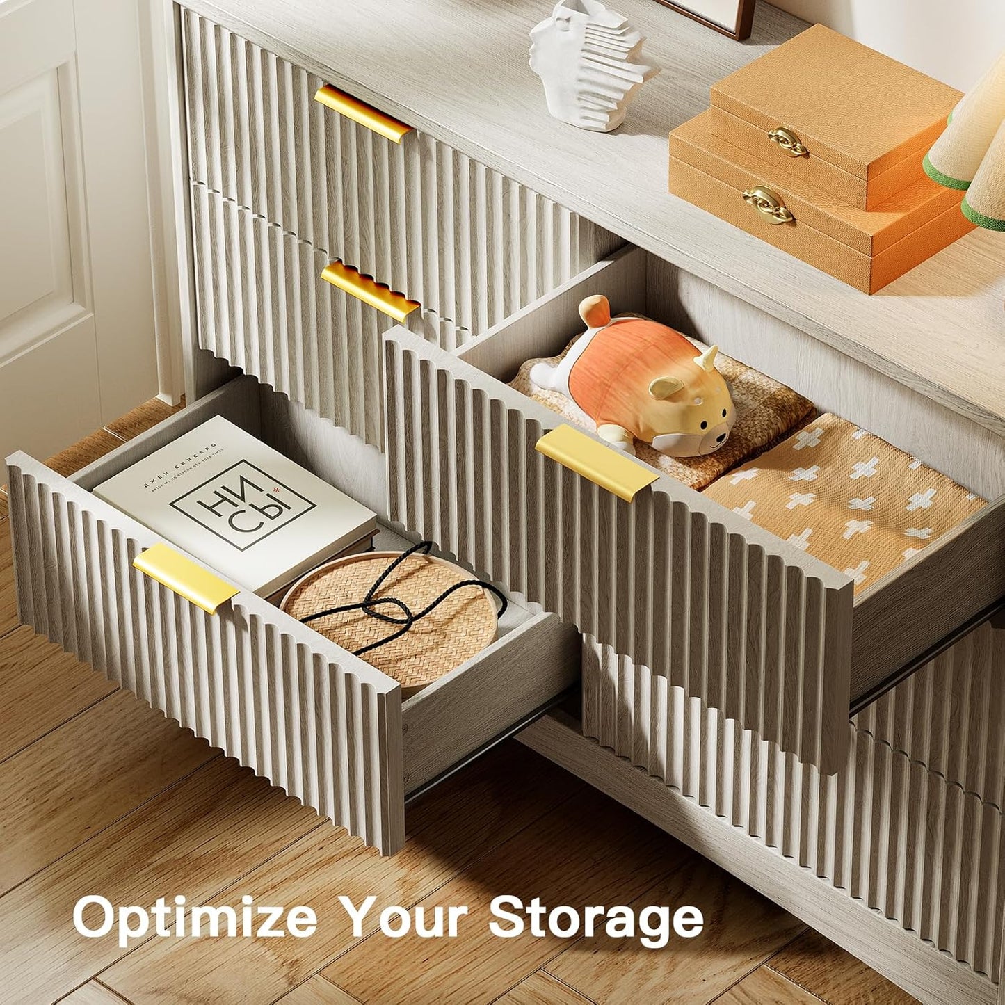 Pipishell Fluted 6 Drawers Dresser for Bedroom, 47" Wooden Drawers with Metal Handle, Dressers with Round Corner Design, Closet Storage Organizer for Bedroom, Hallway, Grey