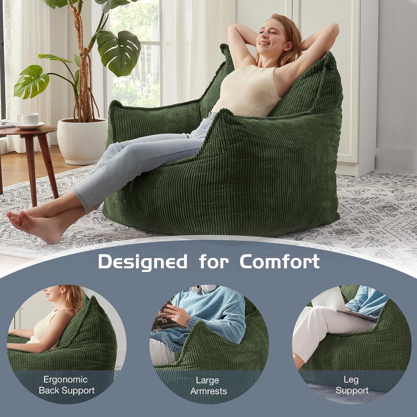 Giant Bean Bag Chair Sofa for Adults Teens, Comfy Corduroy Large Bean Bag Chairs with Armrests for Bedroom Living Room, Adult BeanBag Lazy Sofa Couch Chairs with Filler Included