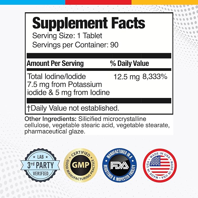 Brain Basics Ultra Iodine Complex Supplement for Thyroid Support, Iodine and Potassium Iodide in One, Iodine Supplement for Thyroid and Brain Health, 12.5 mg Iodine and Potassium Iodide - 90 Tablets
