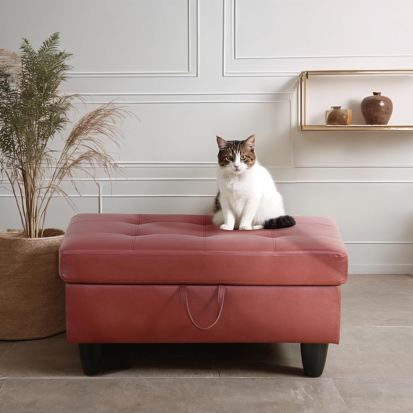 Ottoman Rectangular Storage Ottoman Bench, Faux Leather Footrest, Coffee Table, Stool Footstool with Hinged Lid for Living Room, Bedroom, Entryway, Red, 35"x23.5"x17.5"