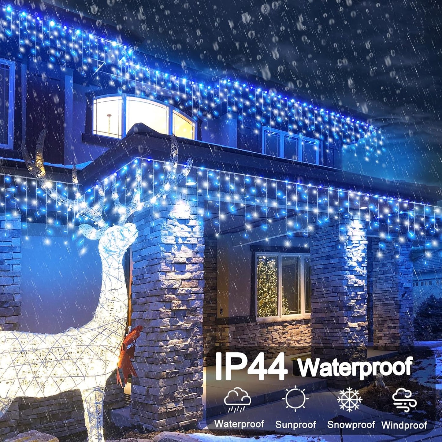 66ft Blue and White Christmas Lights, 640 LED Icicle Lights for Outside House Clear Wire Connectable Twinkle Lights with 8 Modes Timer Waterproof for Window Party Tree Holiday Patio Yard Home Decor