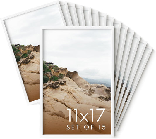 HAUS AND HUES 11x17 White Metal Picture Frames - Features Premium Aluminum, Vertical & Horizontal Hang, Shatterproof Plexiglass - Perfect for Home, Room, Office (11x17 in, White, Set of 15)