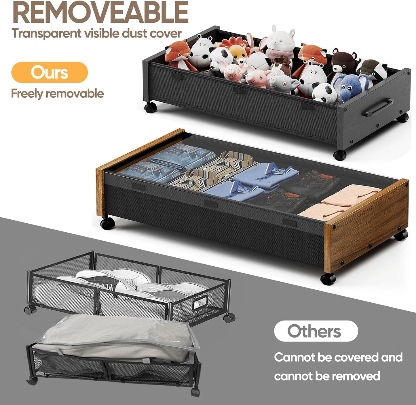 Wooden Under Bed Storage with Wheels, Rolling Under the Bed Storage Bins with Removable Lid, Metal Under Bed Drawers for Clothes and Shoes in Bedroom or Living Room(Vintage Brown-1pack)