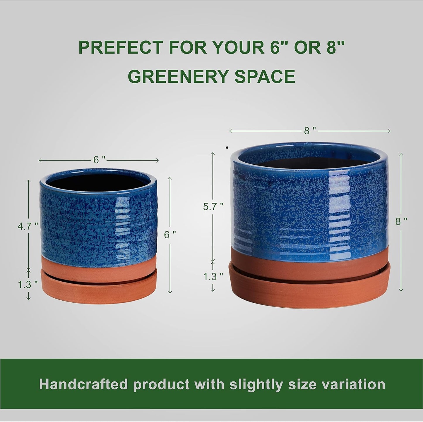 6 + 8 Inch Plant Pots, Ceramic Planter Pot with Drainage Hole & Saucer, Indoor/Outdoor Cylinder Round Planter Pot, Aqua Blue & Terracotta