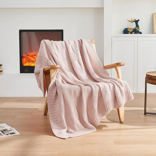 CozeCube Check Knit Throw Blanket, Pink Checkered Throw for Couch, Decorative Christmas Soft Cozy Warm Knitted Blanket for Bed Sofa Living Room, 50"X60"