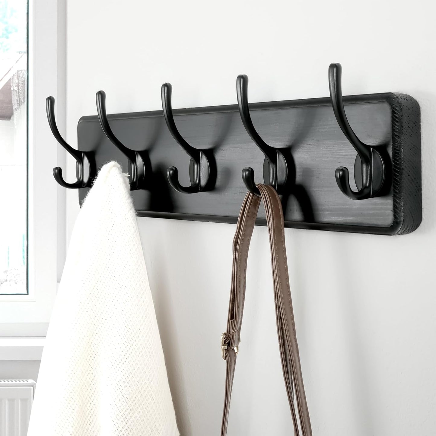 Dseap Coat Rack Wall Mount: Modern, Patented, Heavy-Duty, 17.4" Long 5-Double-Hooks Wooden Hanger Hook Rail for Winter Coats Hat Jacket Clothing, Black