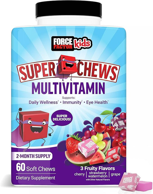 FORCE FACTOR Kids Multivitamin Super Chews, 18 Vitamins, 2-Month Supply, 60 Soft
