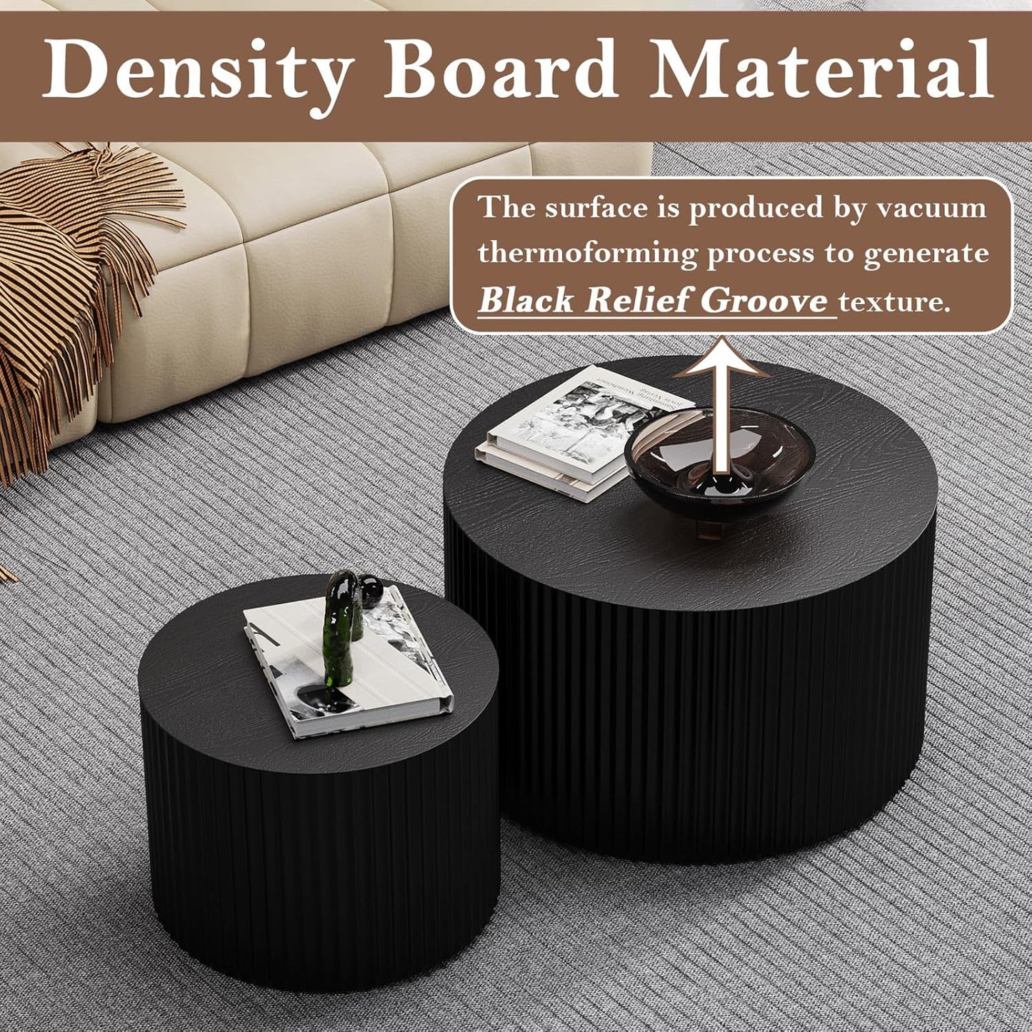 Round Nesting Coffee Table Black Round Fluted Coffee Table Set of 2 for Living Room Small Circle Drum Nested Coffee Tables (Black A 27in)