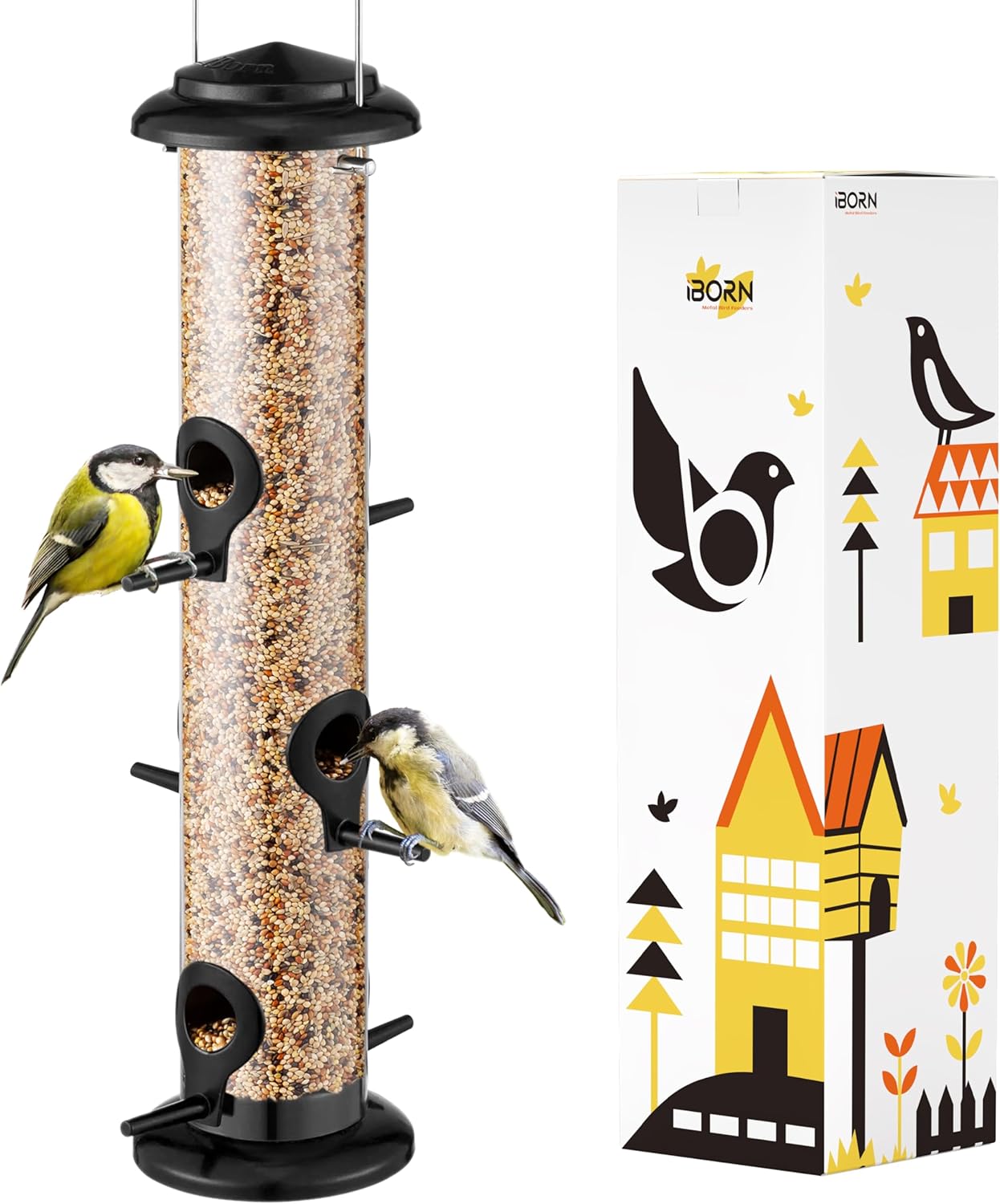 iBorn Metal Bird Feeders Black Wild Bird Feeder for Outdoors Hanging All Metal Black Finishing 14 Inch 6 Port(Seed is not Included)