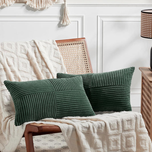 Fancy Homi Set of 2 Dark Green Long Lumbar Decorative Throw Pillow Covers 14x24 Inch for Living Room Couch Bed, Boho Farmhouse Forest Green Home Decor, Soft Corduroy Corss Textured Cushion Case