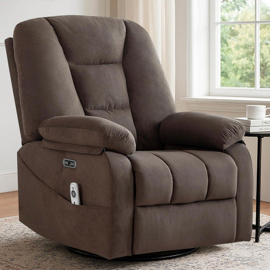 Power Swivel Rocker Recliner Chair for Adults,Rocking Recliners Chairs with Massage and Heat for Living Room, Electric Fabric Reclining Sofa Chair with USB and Type-C Port (Fabric Brown)