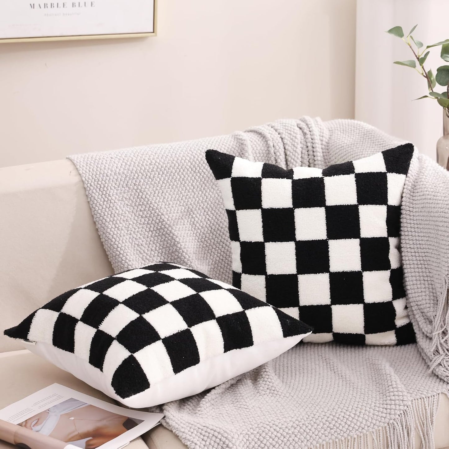 Alysheer Checkered Embroidered Decorative Throw Pillow Covers 18"x 18" Set of 2, Farmhouse Cottage Black White Plaid Tufted Patterned Cotton Canvas Cushion Case for Sofa Couch Bed Living Room