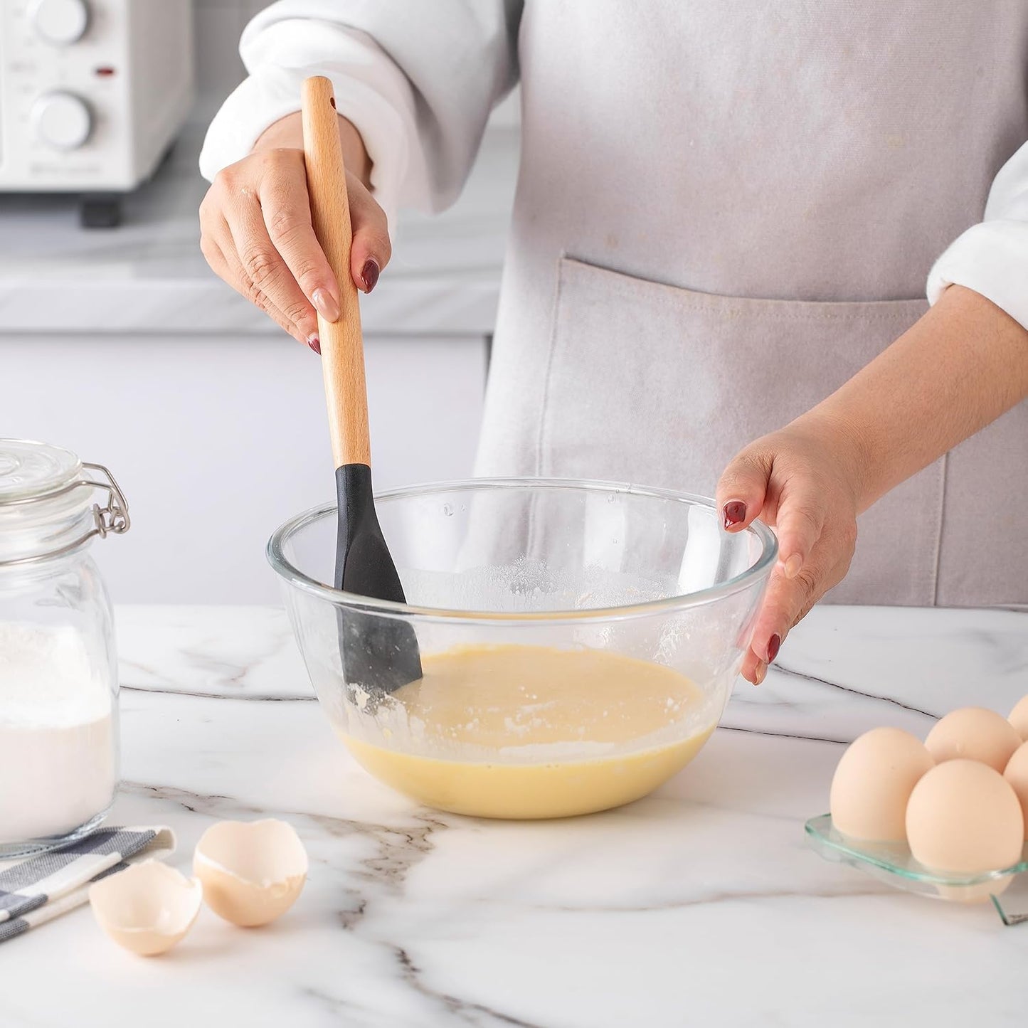 Country Kitchen Non Stick Silicone Utensil Set with Rounded Wood Handles for Cooking and Baking, 14 Piece Set, Black