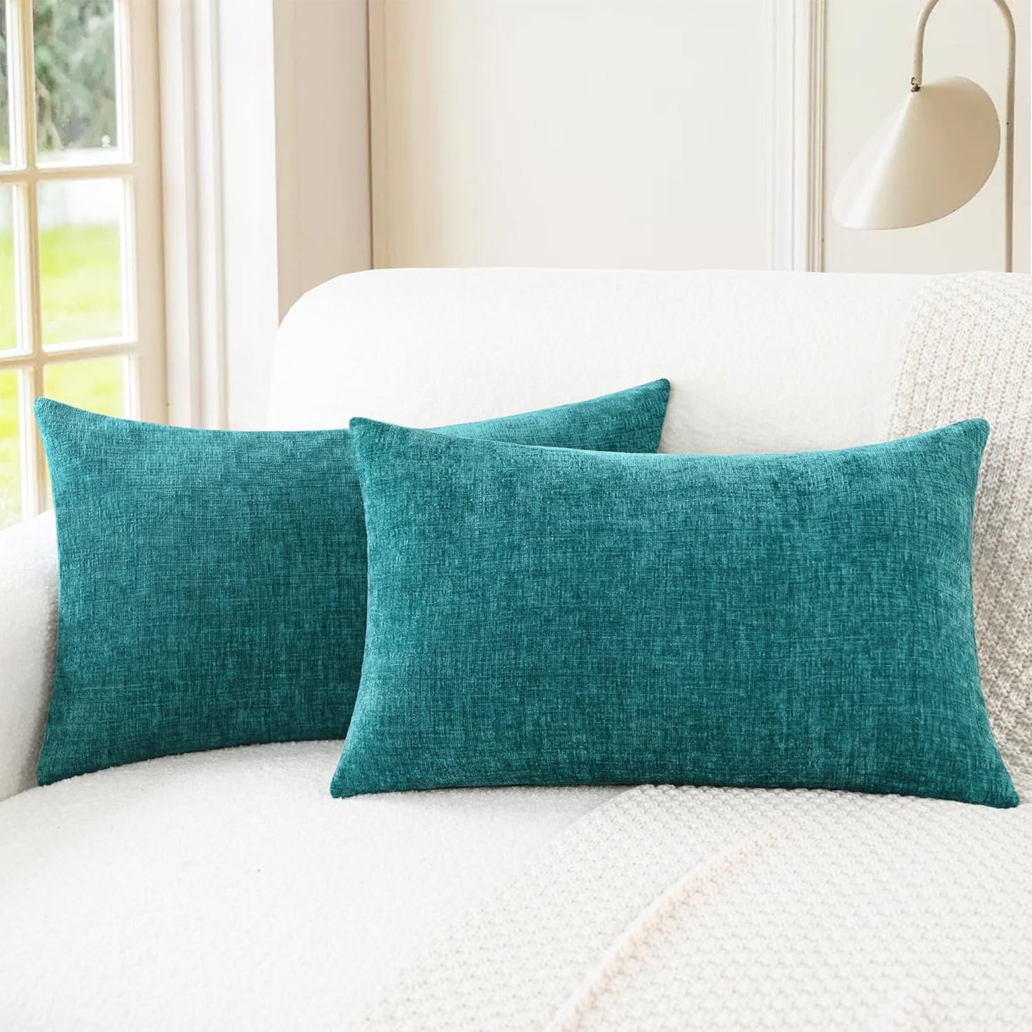 CaliTime Throw Pillow Covers Decorative 16 X 26 Inches Pack of 2 Cozy Chenille Cushion Cases for Couch Sofa Bed Living Room Home Teal