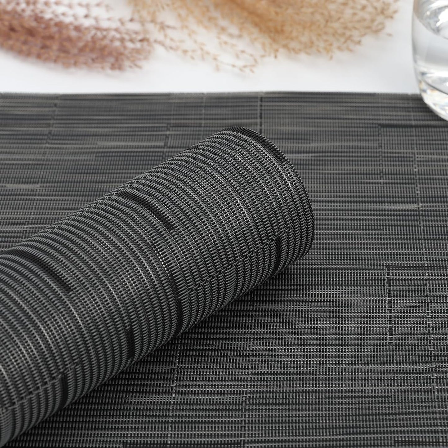 Myir JUN Placemats Set of 6, Vinyl Woven Placemats Place Mats Indoor Washable Table Mats Non-Slip Place mats for Dining Table (Black-Gray, Set of 6)