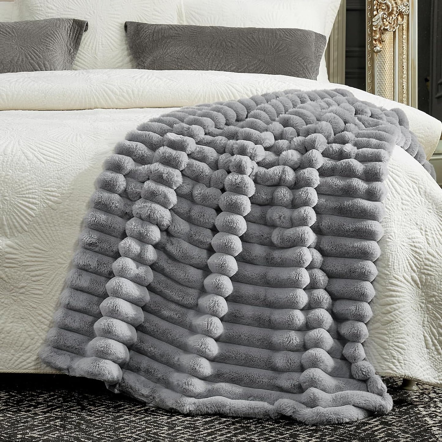 Cozy Bliss Faux Fur Throw Blanket for Couch, Cozy Warm Plush Striped Blanket for Sofa Bedroom Living Room,60 * 80 Inches Grey