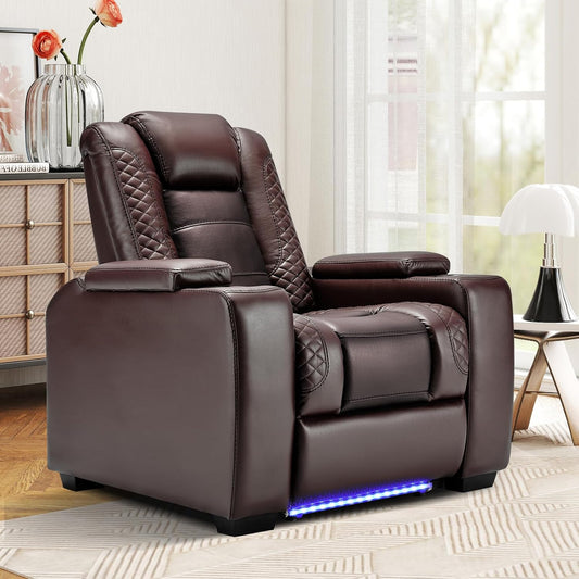 ANJ Power Home Theater Seating, PU Leather Electric Recliner Chair with Powered Headrest, Dual Motors Movie Reclining Chairs with LED Lights,USB Port, Cup Holders, Hidden Arm Storage (Brown)