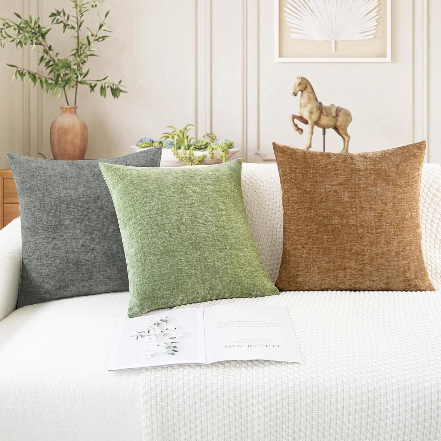 CaliTime Throw Pillow Covers Decorative 26 X 26 Inches Pack of 2 Cozy Chenille Cushion Cases for Couch Sofa Bed Living Room Home Apricot Brown