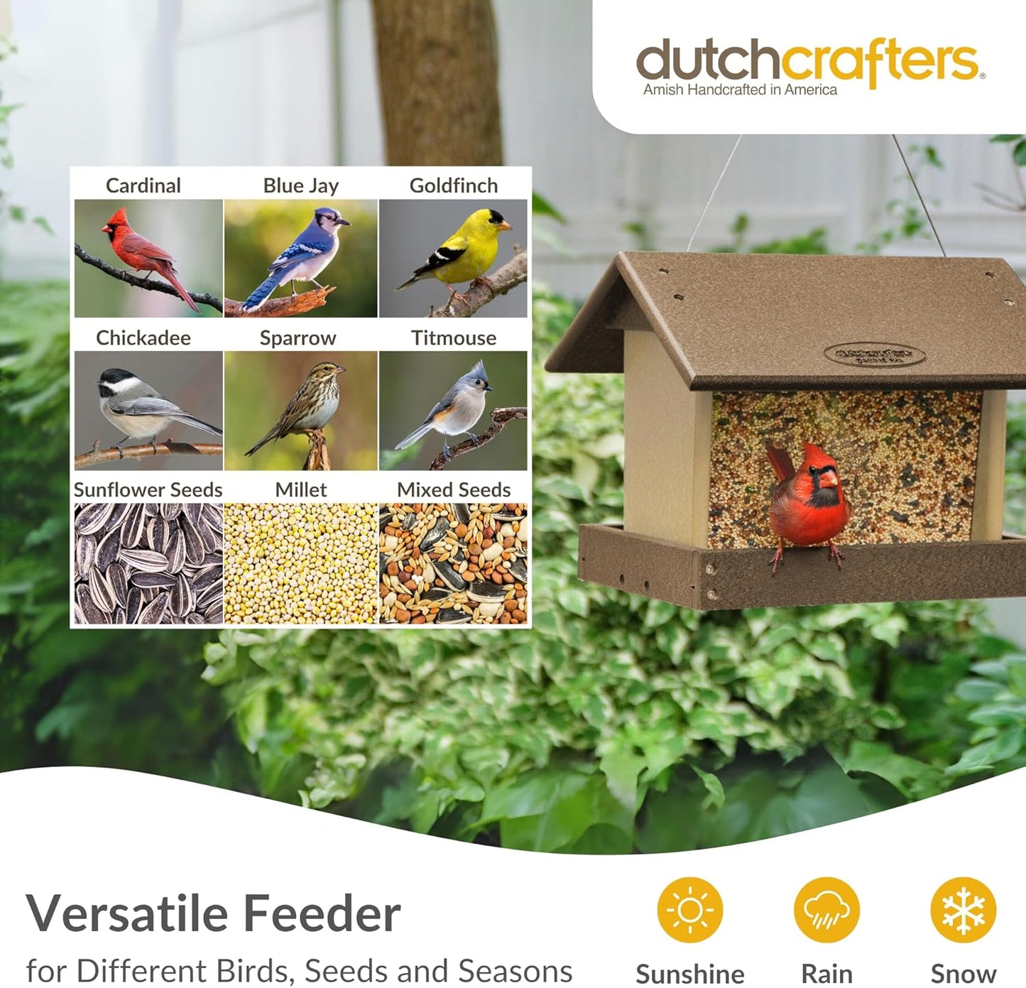 Poly Hanging Hopper Bird Feeder, Large Hanging Bird Feeder for Outside, Outdoors - Amish American Made (Tudor Brown & Weatherwood)