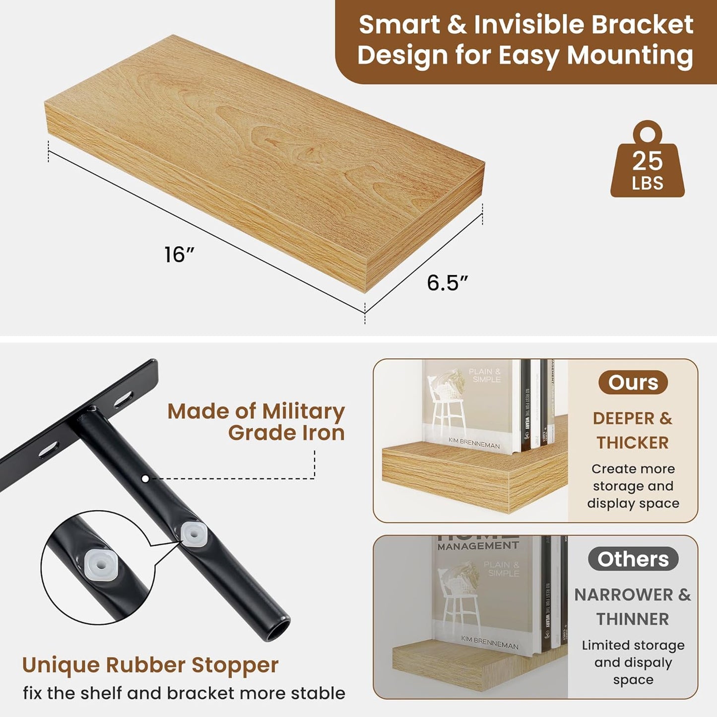 fuqing Floating Shelves for Wall, Bathroom Shelf Wall Mounted for Storage, Shelves with Invisible Bracket for Bedroom, Kitchen, Living Room, Farmhouse Small Book Shelf, 16 Inch Set of 2, Oak