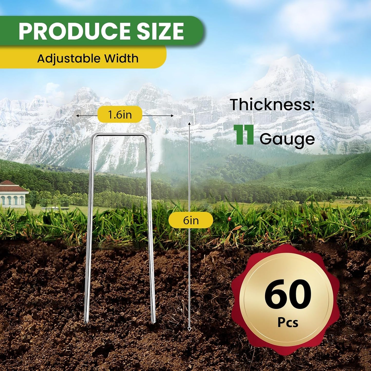 Landscape Staples Galvanized 6 Inch 60 Pcs, Metal Garden Stakes 1.6 Inch Width, Garden Staples for Weed Barrier Tubing Lawn 11 Gauge