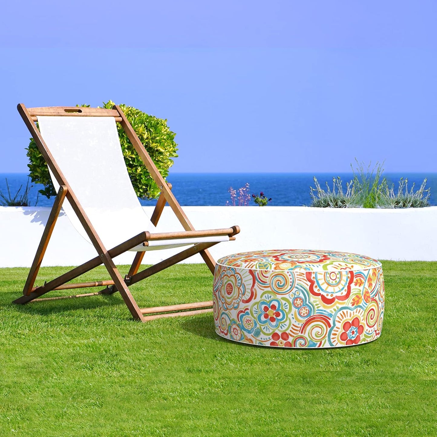 LVTXIII Indoor/Outdoor Inflatable Ottoman, All Weather Round Footrest Stool D21”x H9”, Portable for Patio Garden Camping or Home-Flower Multi