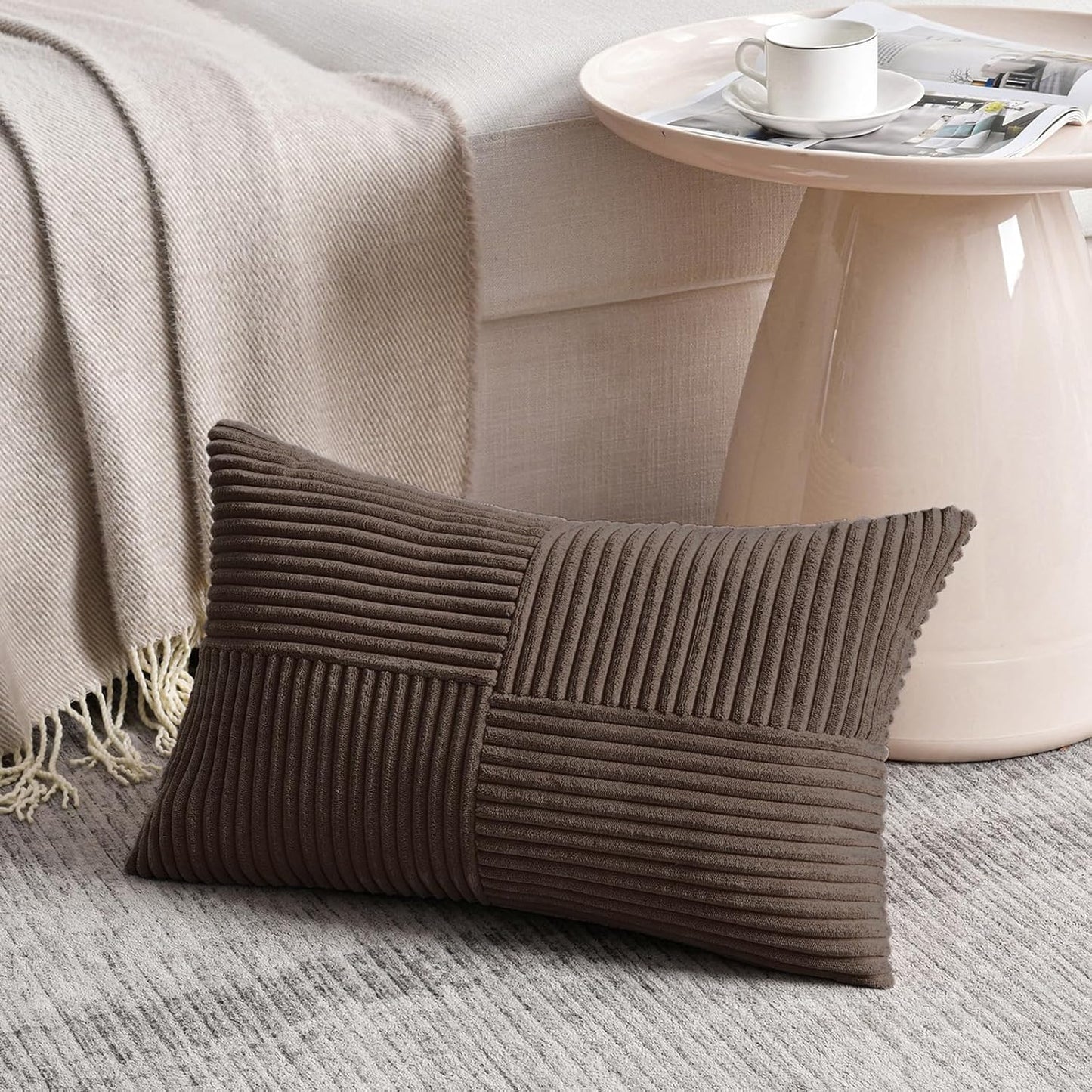 Fancy Homi 2 Packs Dark Brown Lumbar Decorative Throw Pillow Covers 20x28 Inch for Living Room Couch Bed, Rustic Farmhouse Boho Home Decor, Soft Striped Corduroy Rectangle Accent Cushion Case 50x70 cm