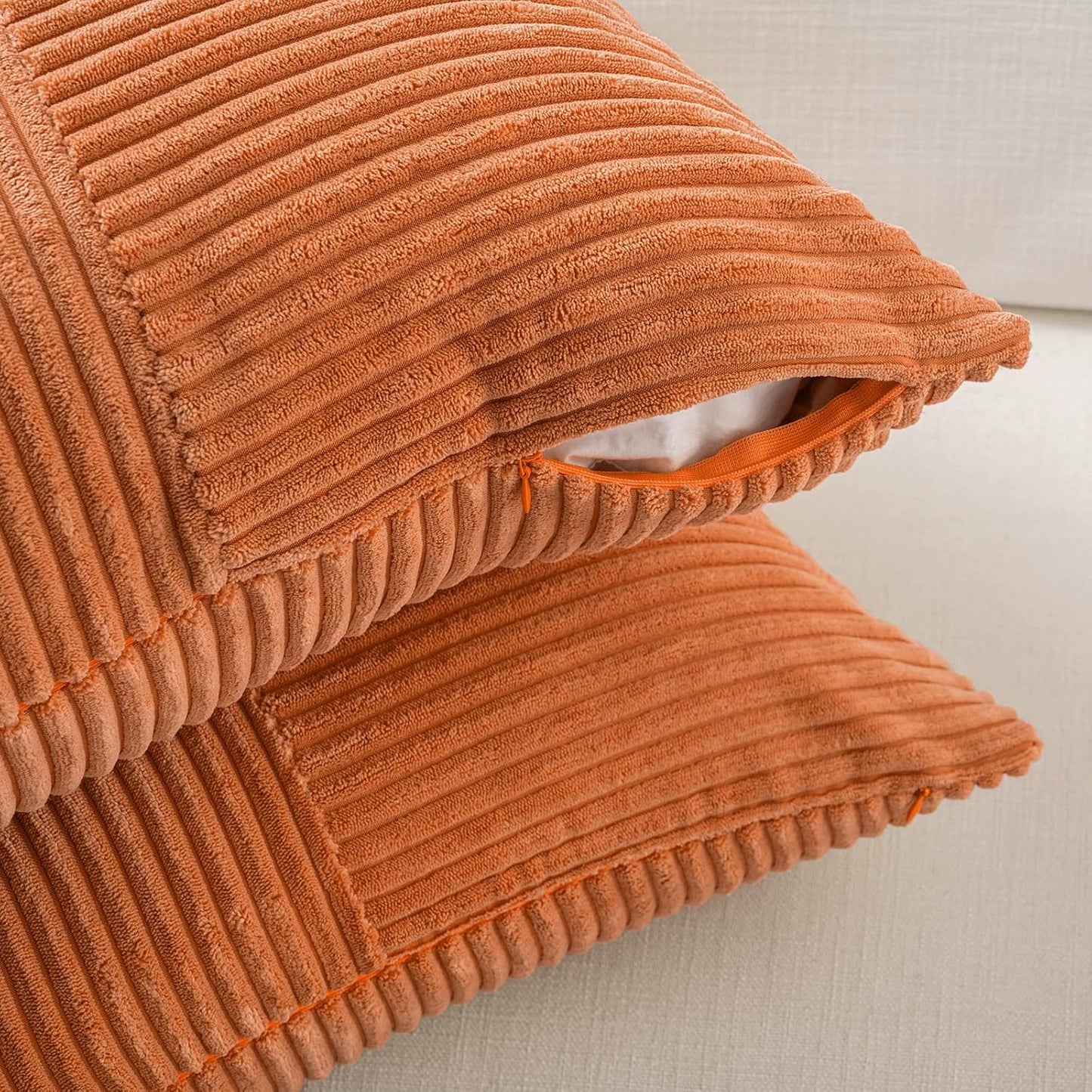 Fancy Homi 2 Packs Orange Long Lumbar Decorative Throw Pillow Covers 16x24 Inch for Couch Bed Sofa, Rustic Farmhouse Boho Home Decor, Soft Striped Corduroy Rectangle Accent Cushion Case 40x60 cm