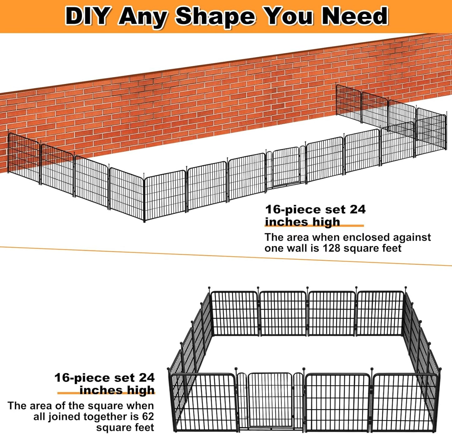 24 in(H) Decorative Garden Fence with Gate,16 Panels Total 31.4 Ft(L) Heavy Duty Iron Animal Barrier Fence for Yard,Suitable for Indoor Pet Or Outdoor Dog Fencing, Garden Border Fence