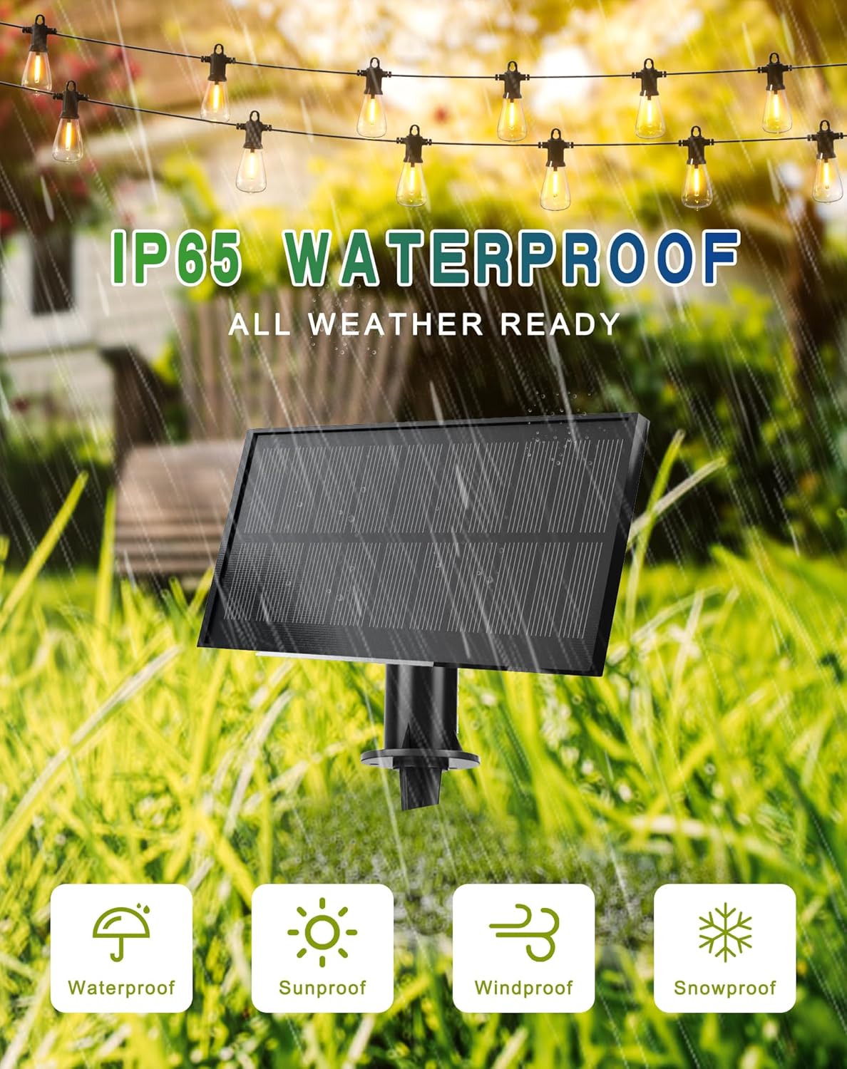 Solar String Lights Outdoor Waterproof 100FT with USB Port and 52 Shatterproof ST38 Bulbs(2 Spare), LED Solar Powered Patio Lights for Outside, Porch, Backyard, Gazebo, Garden(Warm White)