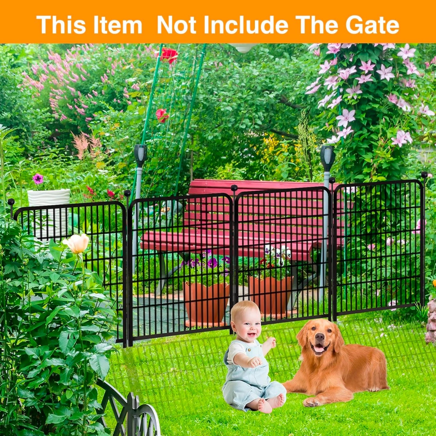 Doorless Dog Digging Fence Barrier,48in(H) 12 Panels Total 26.6 Ft(L), Black Metal Fencing for Yard 4ft Tall, Dog Fence Outdoor for Yard, Fencing for Garden Beds, Garden Fences Border