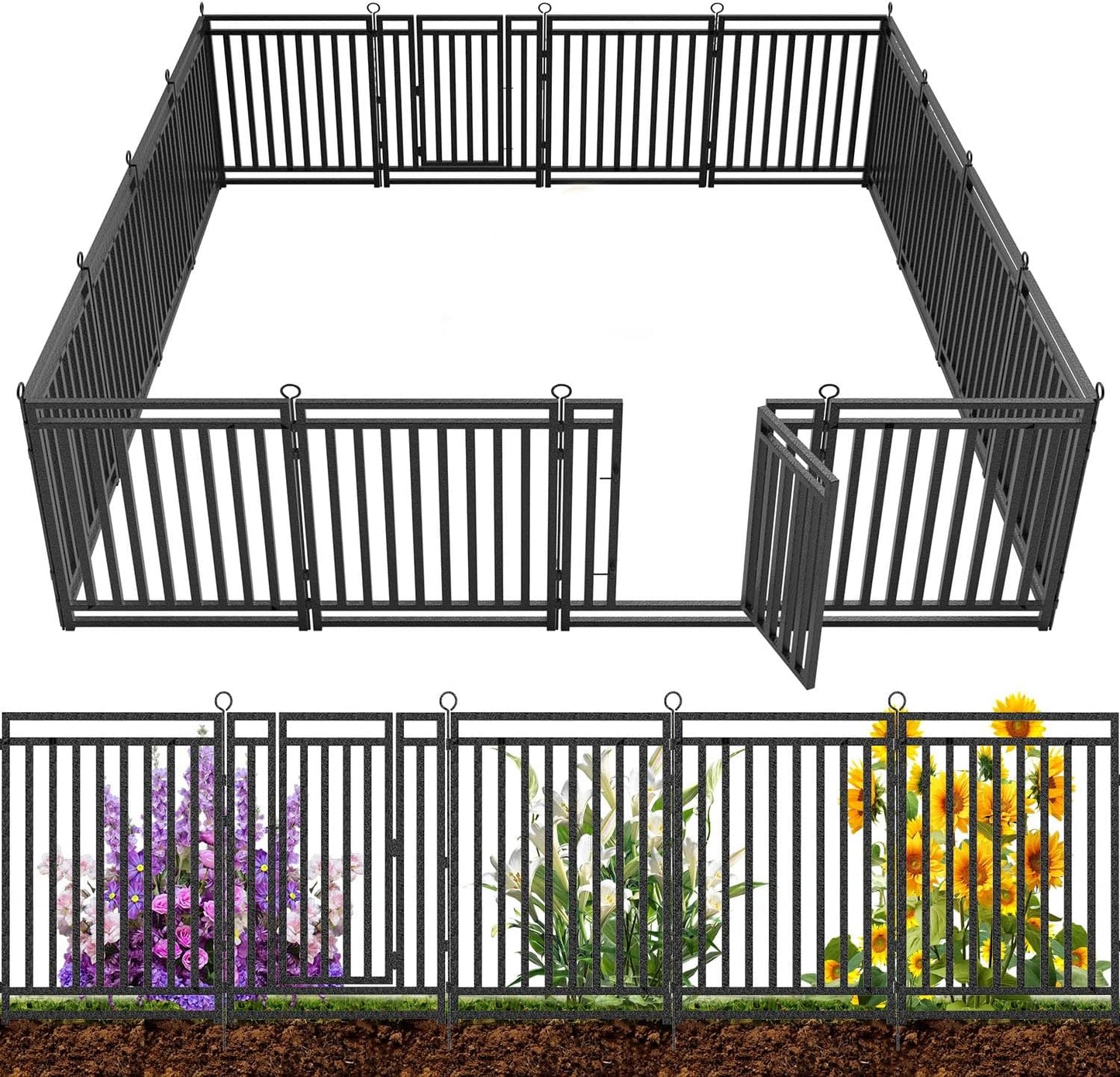 Decorative Garden Fence Metal Dog Fence Outdoor for Yard, 36ft (L) × 32in (H), 14 Panels + 2 Gates, Rustproof Animal Barrier Fencing for Patio & Flower Bed, No Dig, Black-Silver
