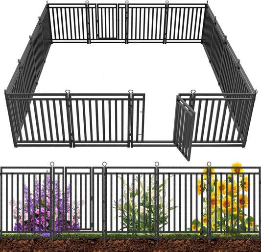 Decorative Garden Fence Metal Dog Fence Outdoor for Yard, 36ft (L) × 32in (H), 14 Panels + 2 Gates, Rustproof Animal Barrier Fencing for Patio & Flower Bed, No Dig, Black-Silver