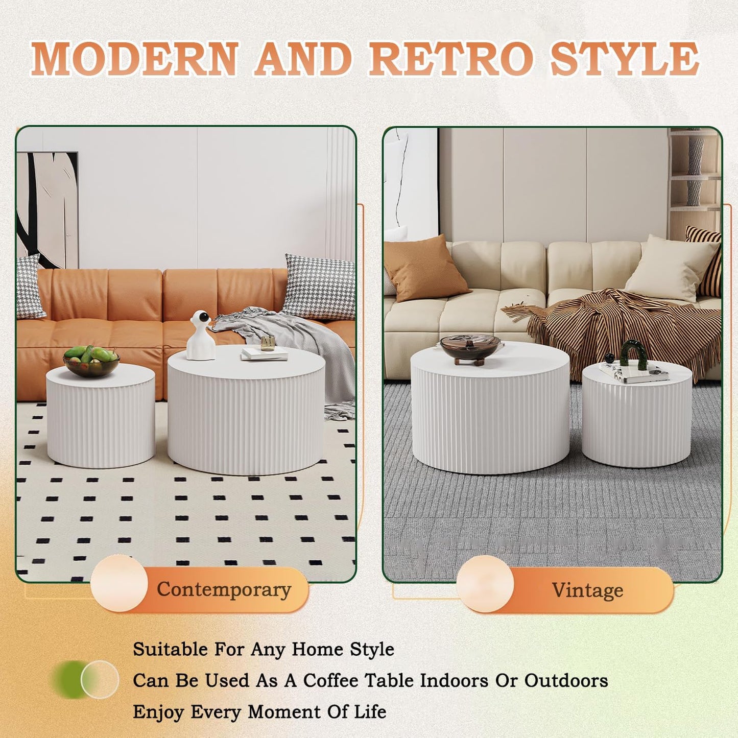 Round Nesting Coffee Table Modern Fluted Coffee Table Set of 2 Circle Drum Coffee Tables Small Round Accent Side End Table for Living Room No Assembly (White A 27in)