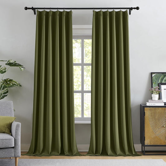 KangBang Olive Green Pinch Pleated Blackout Curtains 108 Inches Long for Hall Windows, Energy Saving Light Blocking Soft & Vertical Window Panels Ceiling to Floor for Villa 2 Panels, 40Wx108L