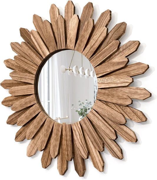 Honiway Mirror Wall Decor 21 inch Rustic Wood Boho Aesthetic Mirror for Room & Home Decor Farmhouse Wall Decor at Living Room Bedroom Carbonized Black
