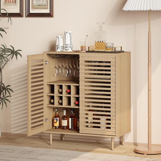 Mid Century Bar Cabinet with Wine Racks, Modern Liquor Cabinet with Slatted Doors for Dining Room, Living Room (Natural Color)