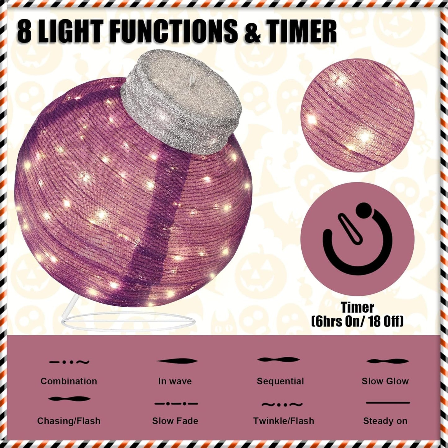 BRIGHTDECK Outdoor Halloween Ornaments, Lighted Pop-Up Outdoor Holiday Ball Decoration with 80 LED Lights, 8 Light Modes, Lighted Collapsible Holiday Decorations for Yard, Home (Purple)