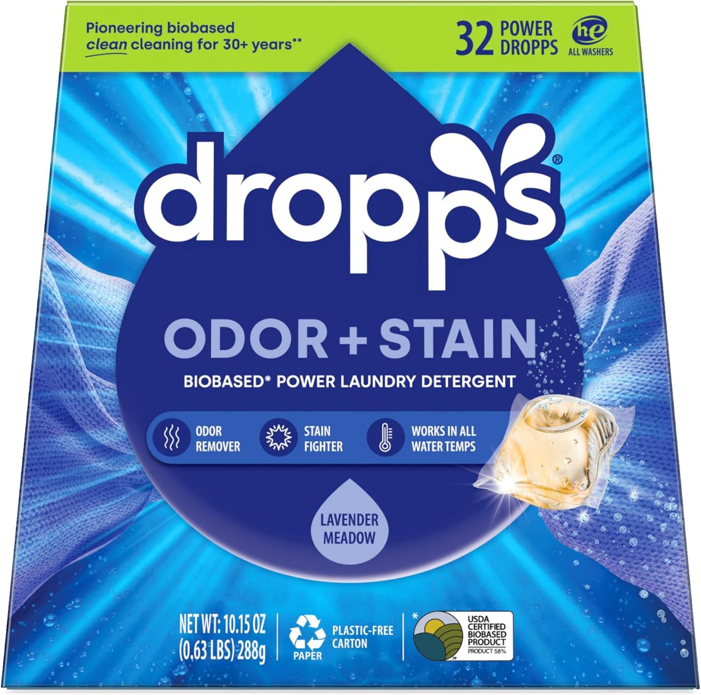 Dropps Odor & Stain Biobased Power Laundry Detergent Pods, Lavender Meadow (32 Count) - HE Compatible Laundry Pods for Fresh Clothes - Washing Detergent Soap Supplies & Recyclable Packaging
