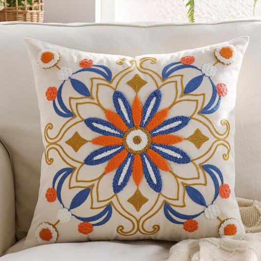 Embroidered Throw Pillow Cover 18x18 Classic Boho Floral Pattern Pillows Cover Outdoor Decorative Pillowcase,Durable Cozy Textured Cushion Case for Sofa Couch Bed Living Room,Orange Blue