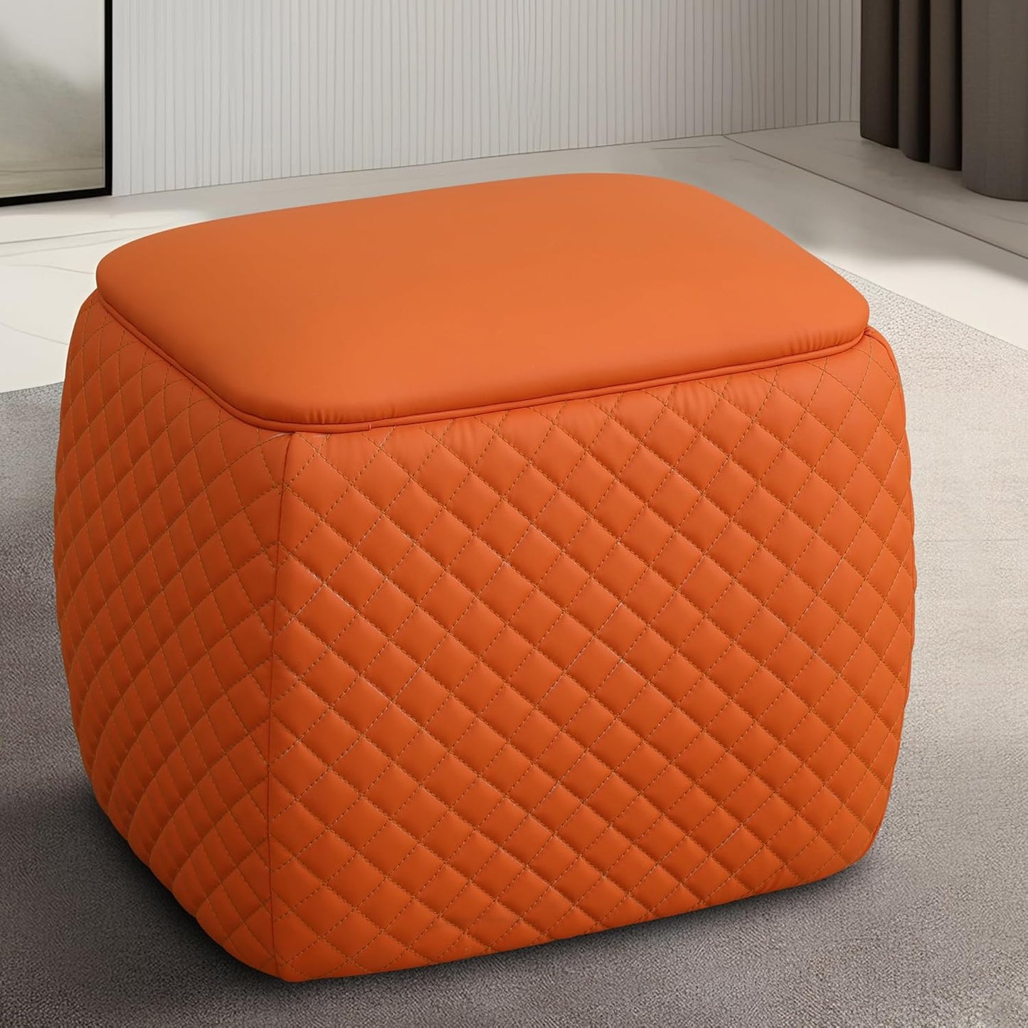 Ottoman Rectangular Storage Ottoman Bench, Faux Leather Footrest, Stool Footstool for Living Room, Bedroom, Entryway, Orange, 19.5"x15.5"x18"