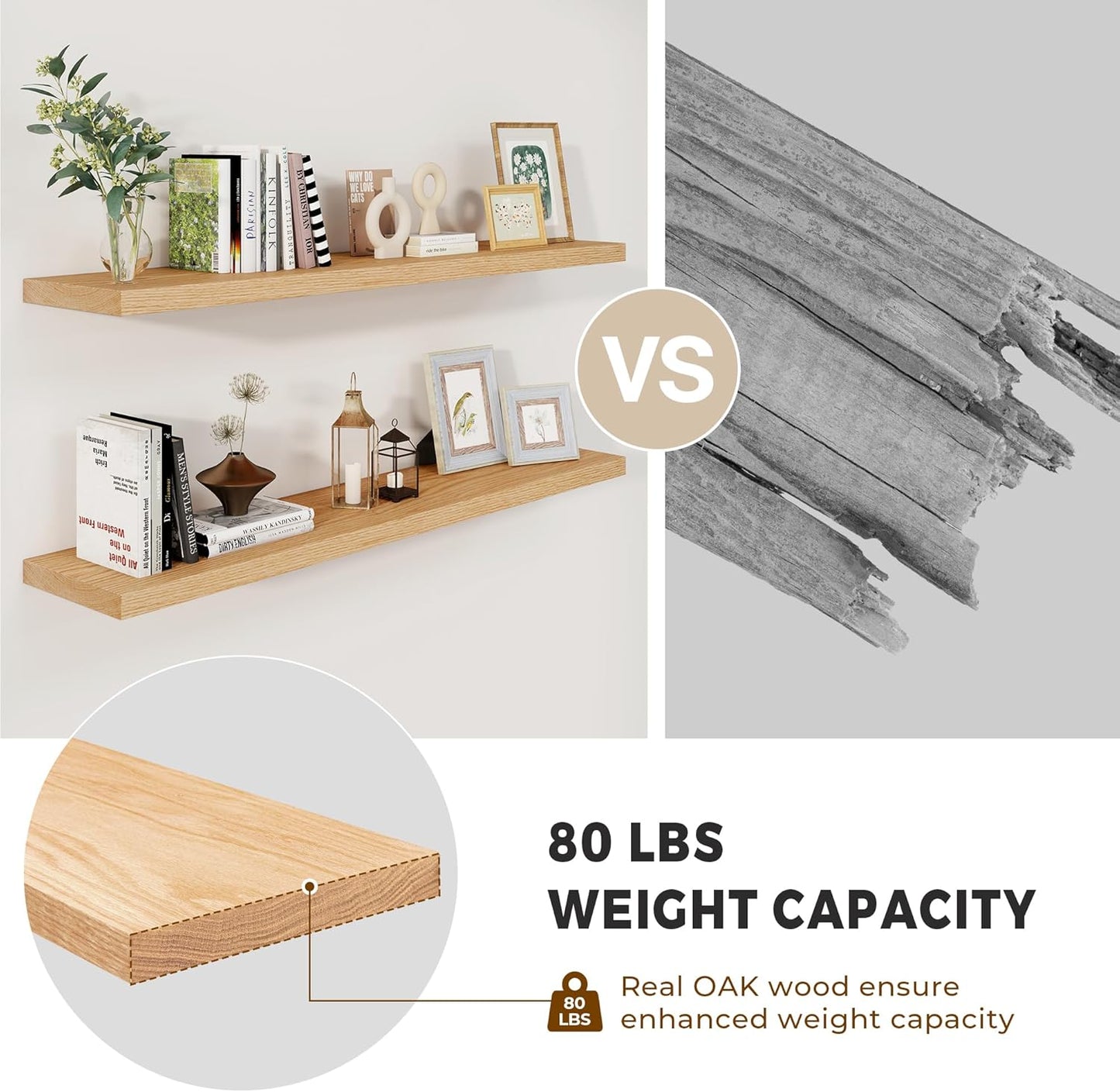 Fun Memories Solid Oak Wood Floating Shelves, 9.3 Inch Deep Natural Wood Shelf with Invisible Heavy Duty Bracket for Bathroom Bedroom Kitchen - 48inch Set of 1, Natural