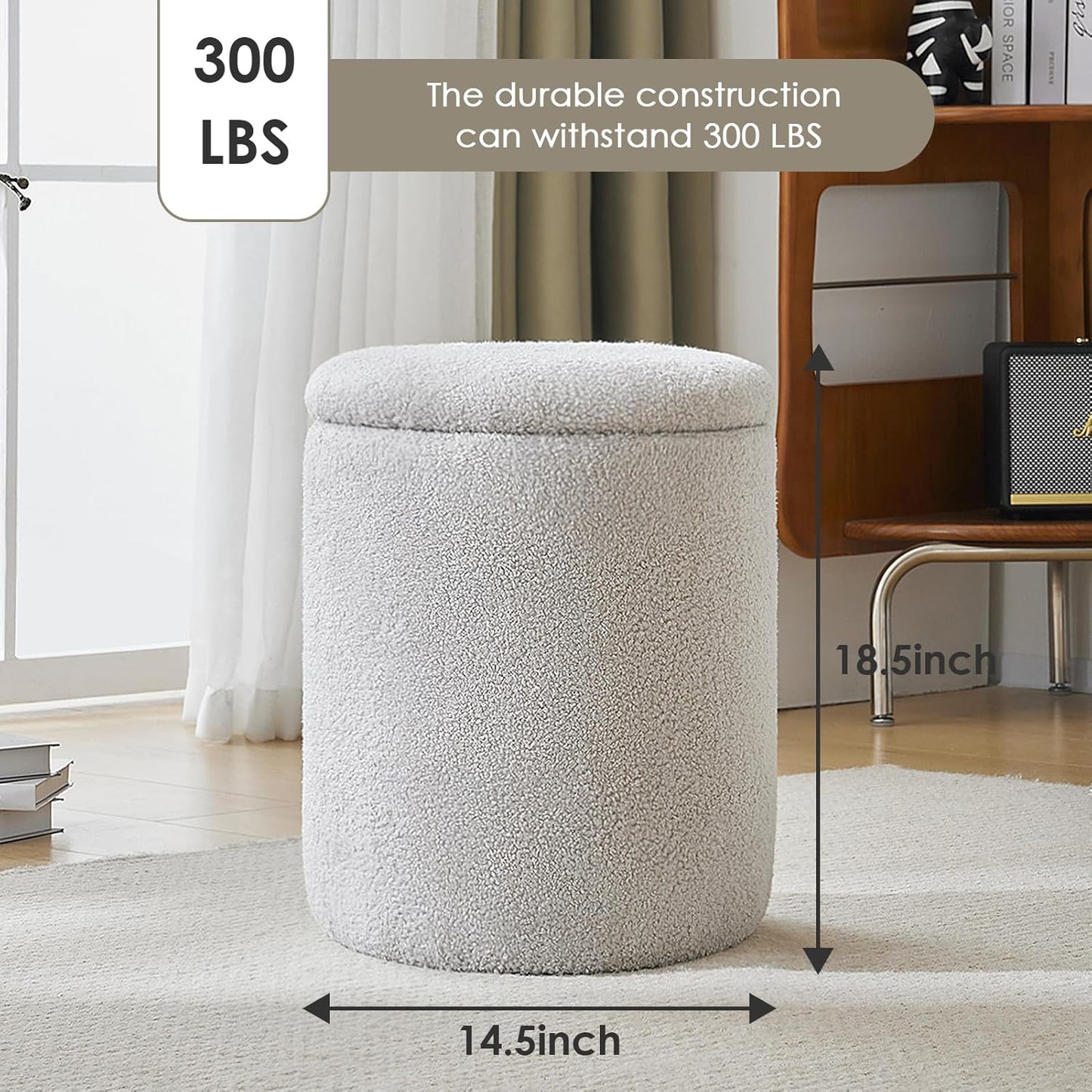 YFO Round Ottoman with Removable Lid Upholstered, Multifunctional Vanity Chairs for Makeup, Soft Footrest Stool Ottoman Foot Stool for Living Room, Bedroom, Boucle, Grey