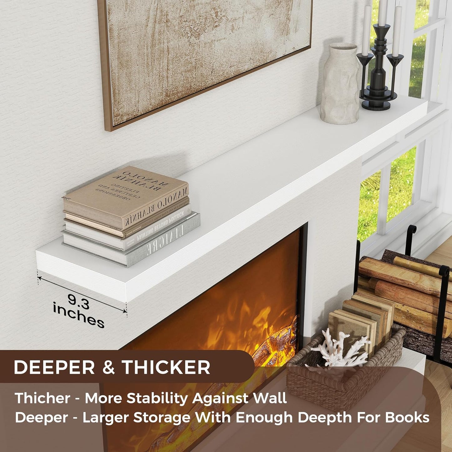 Floating Shelves for Wall, Large Wall Mounted Shelves with Invisible Brackets, Long Wood Floating Shelf for Living Room, Bedroom, Kitchen, (White, 55" W x 9" D x 1.5" H)